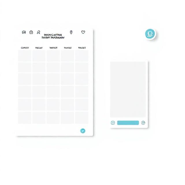 Social media marketing visual showing content calendar, Instagram post, caption card and WhatsApp inquiry